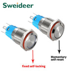 12/16mm Flat LED Illuminated Reset Latching Ring LED Metal Push Button Switch Waterproof On Off with Power Symbol