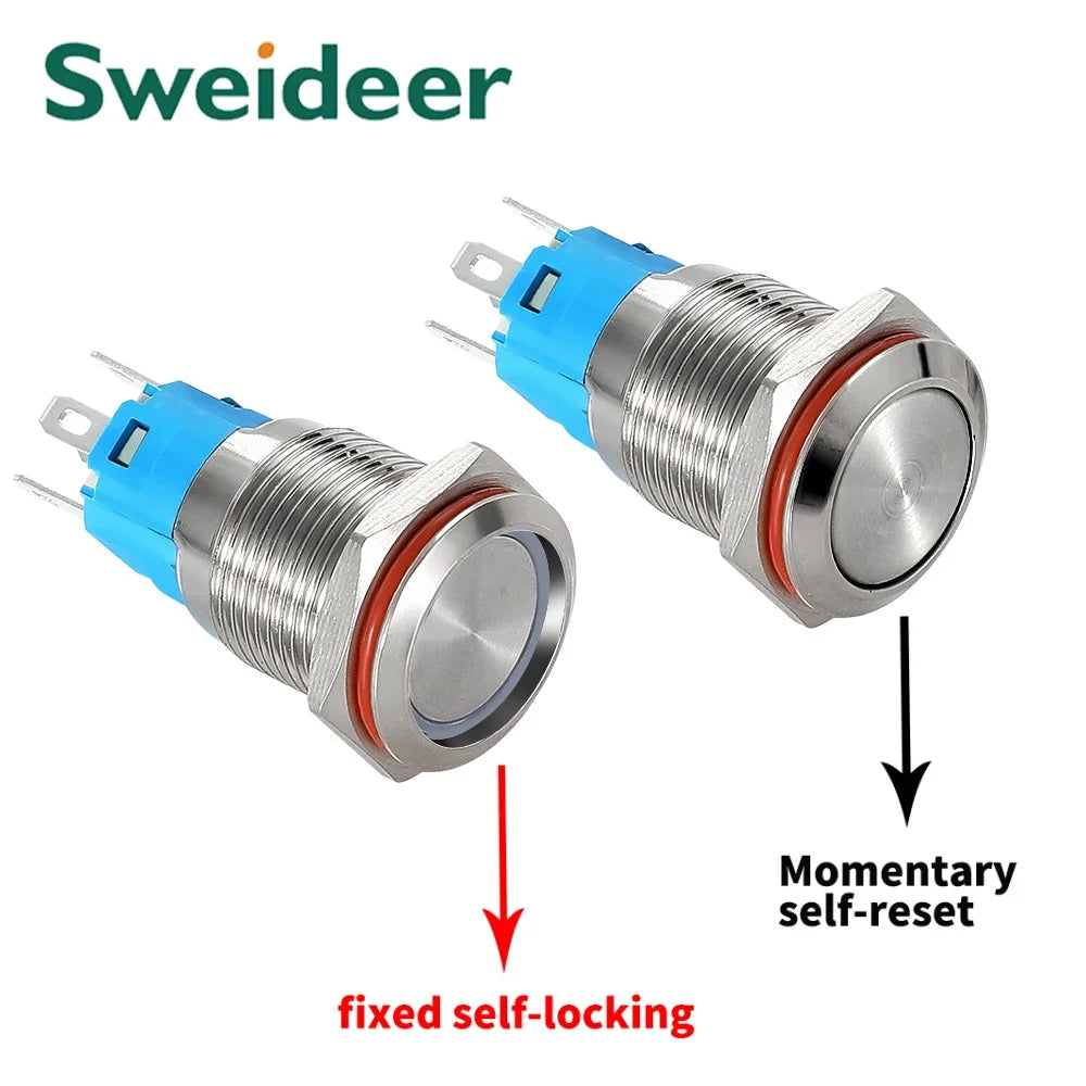 12/16mm Flat LED Illuminated Reset Latching Ring LED Metal Push Button Switch Waterproof On Off with Power Symbol