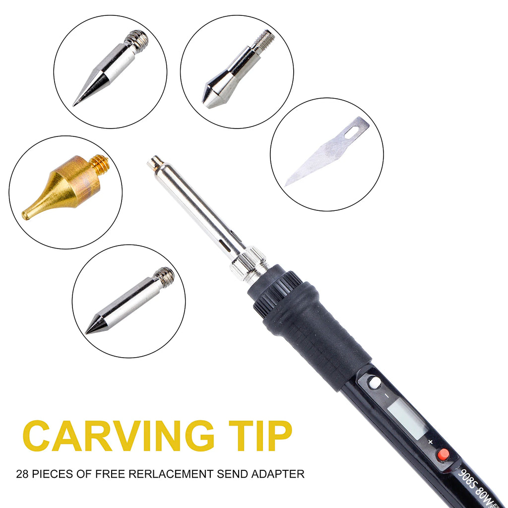 JCD 80W Engraving Pen Electric Soldering Iron Wood Burning Kit Flipping Word Embossing Pyrography Tool Craft 28PC TIP Set 908S
