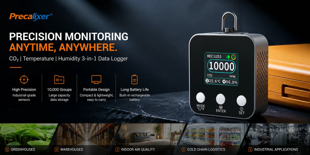 3 in 1 CO2 Monitor 10000ppm NDIR Sensor, Temperature Humidity Air Quality Meter with USB Data Logger Real-Time Display