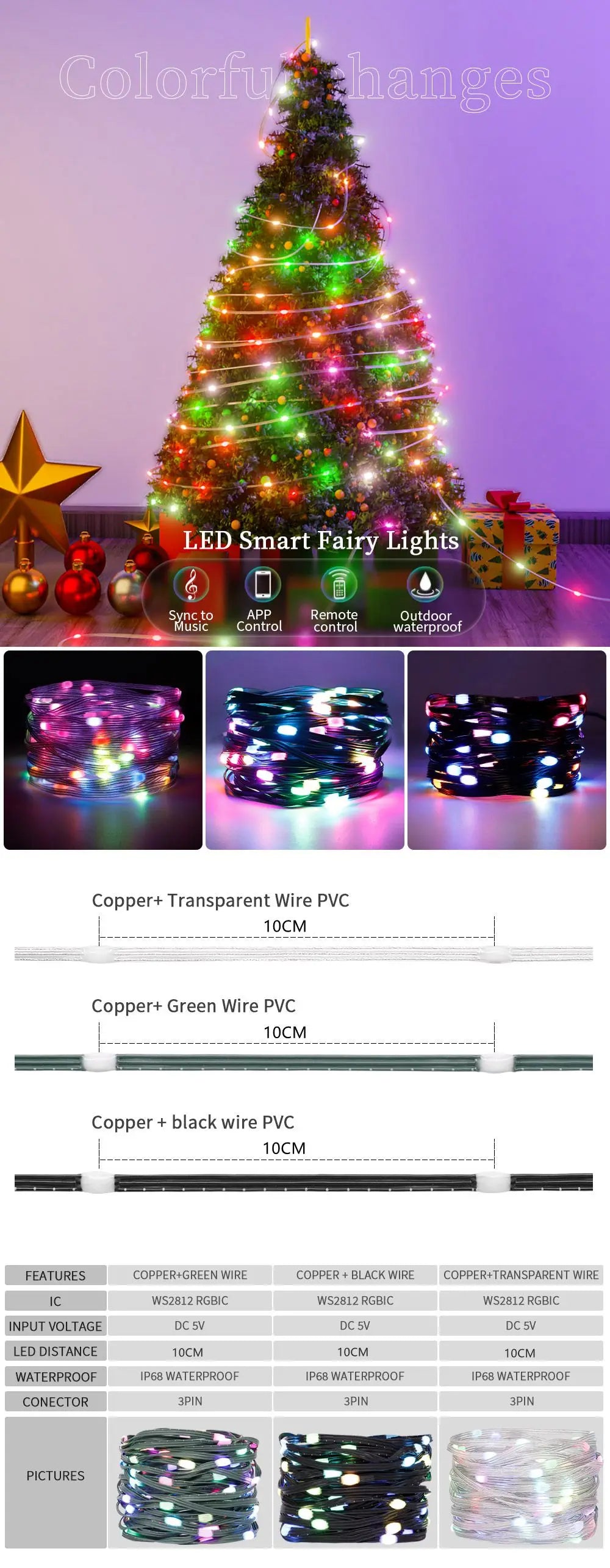 DC5V WS2812B Addressable  LED String  Transparent Green Black Wire WS2812 3PIN Wire RGB Strip Christmas Lights Waterproof Decor