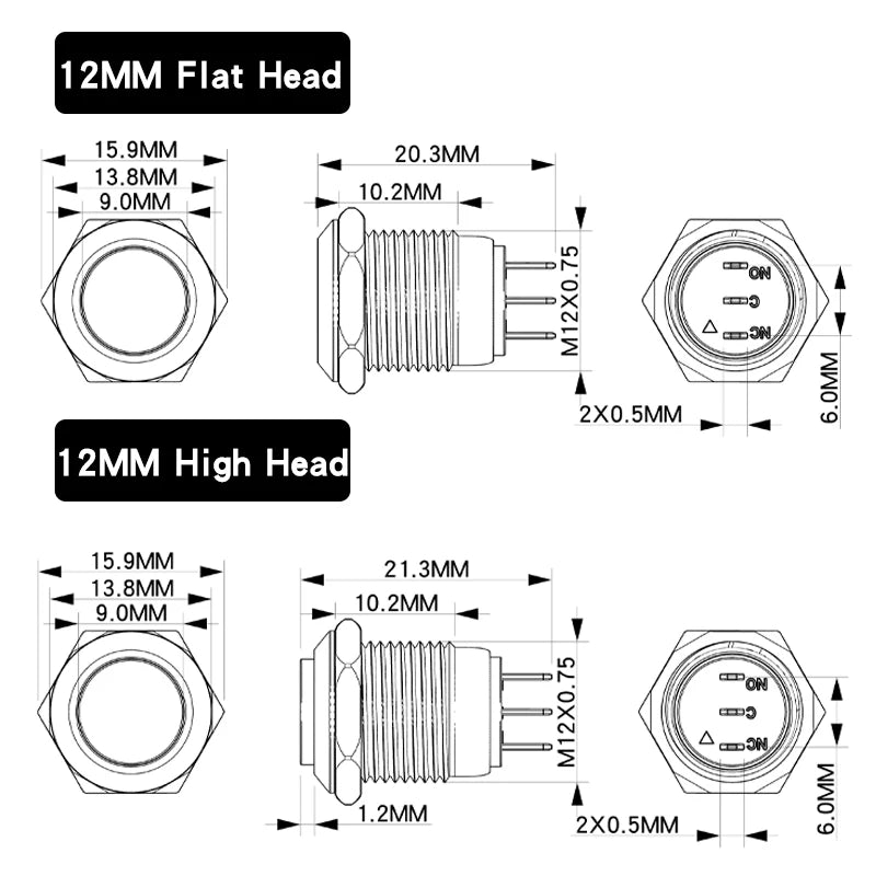 Metal Push Button Switch 12MM 3Pins 1NO1NC No Light waterproof Flat/High Head Momentary Latching Welding Foot Switch
