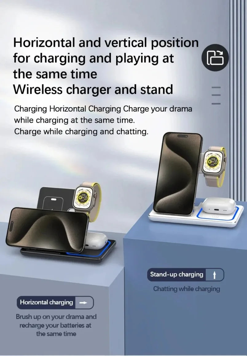 3 in 1 Wireless Charger Stand Foldable 30W LED Fast Charging Station For iPhone 16 15 14 13 12 Apple Watch 9 8 7 6 5 Airpods Pro