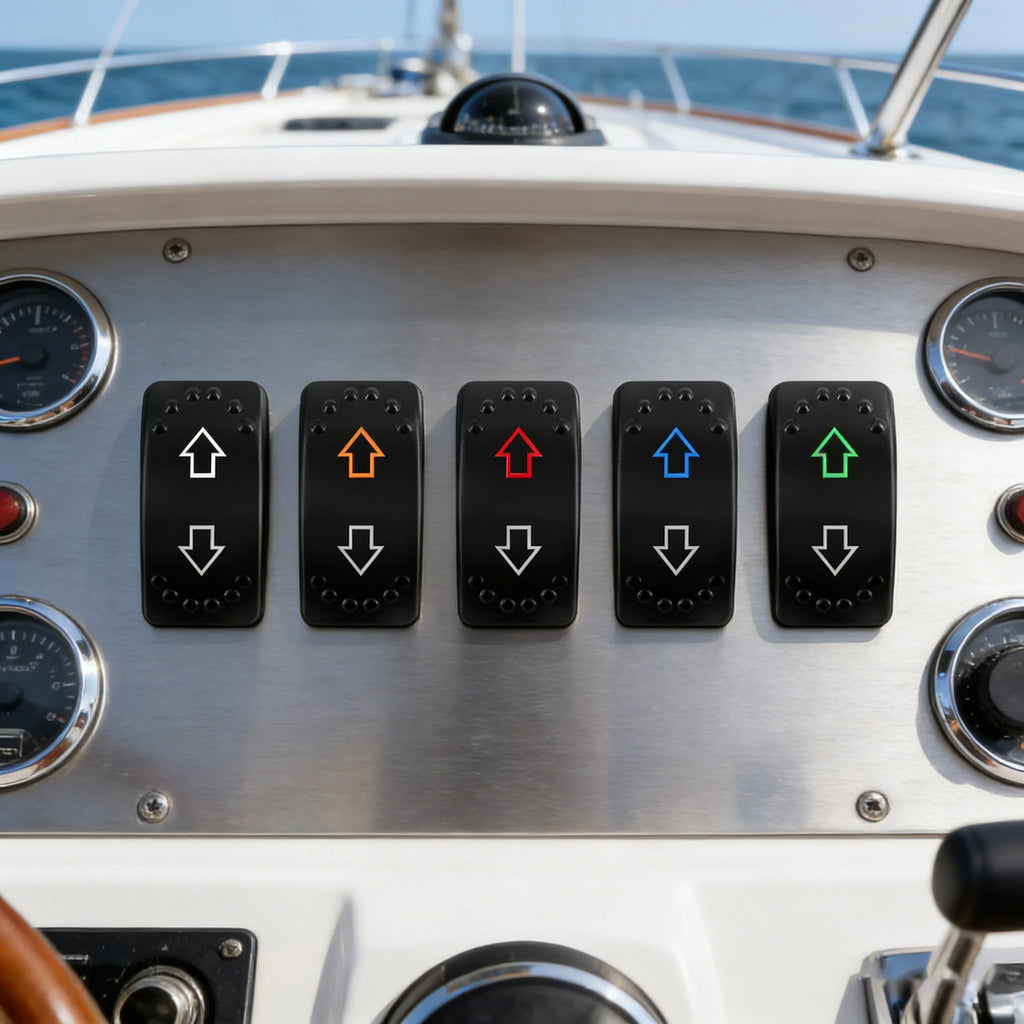 UP DOWN ARROWS Momentary Rocker Switch 7P (ON)-OFF-(ON) DPDT Retractive Switch + Wires for Car Boat Marine Vehicle Yacht Ship