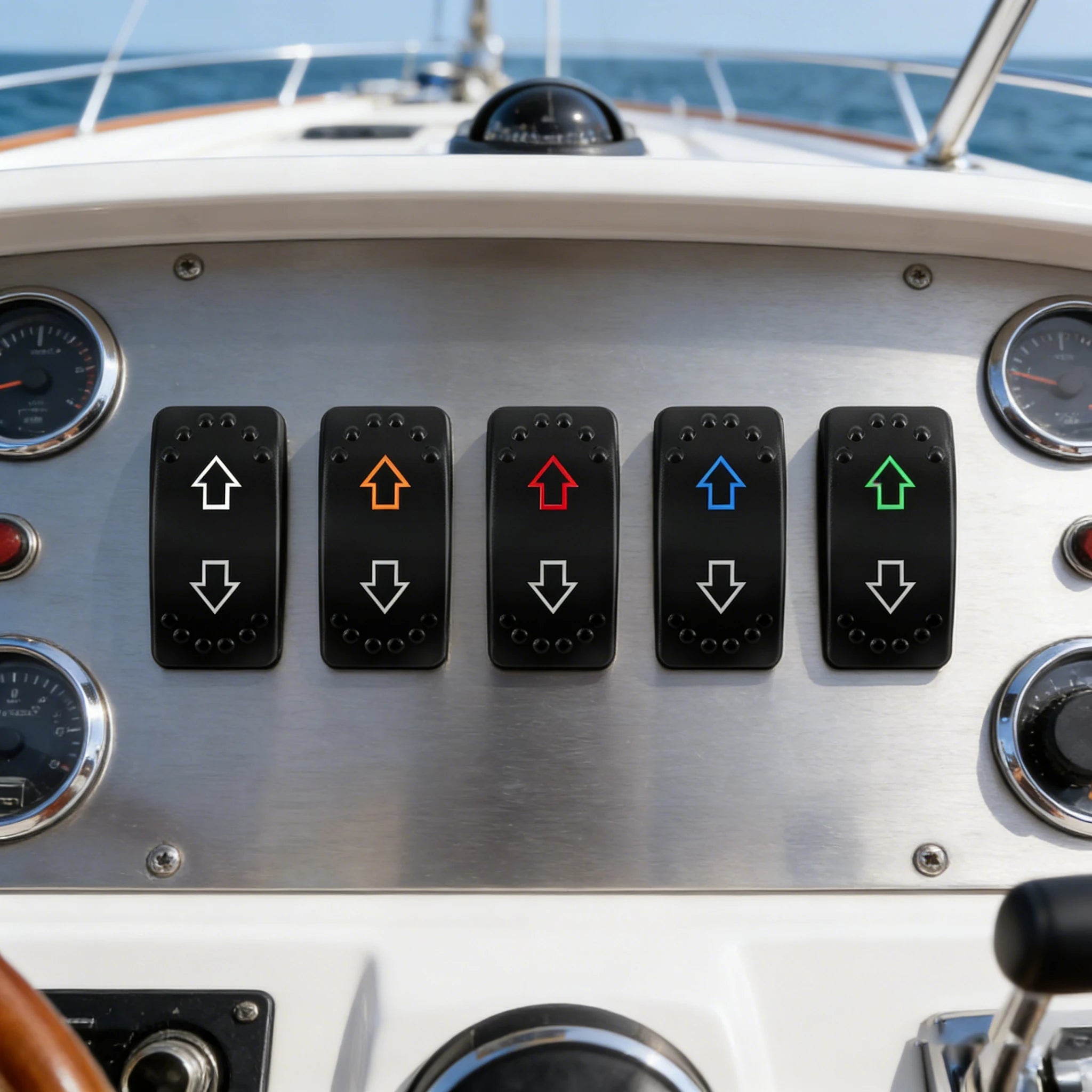 UP DOWN ARROWS Momentary Rocker Switch 7P (ON)-OFF-(ON) DPDT Retractive Switch + Wires for Car Boat Marine Vehicle Yacht Ship