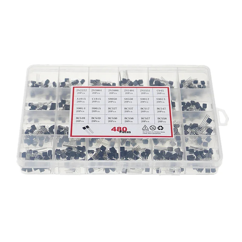 480Pcs 24Types NPN PNP Transistor Assortment Kit Pack 2N2222 S8050 S9014 2N3906 BC327 BC337 BC517 BC547 BC548 BC549 BC550 BC558