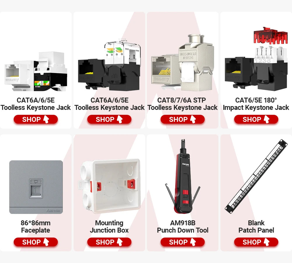 AMPCOM CAT6 Keystone Jack Snap-in RJ45 Punch-Down Cat.6 Keystone Module Adapter |UTP|Compatible with CAT6