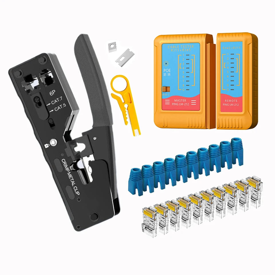 Rj45 Rj12 Rj11 Pass Through Crimp Plier Cat7 Cat6 Cat6A Cat5 Cat5e Stripping Crimping Tool with 8P/6P Ethernet Connectors