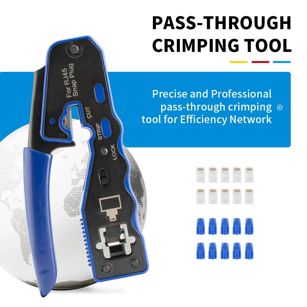 Cat6 Pass Through Network Tool Kit RJ45 Crimping Plier, Stripper, Single Row Cat6 Connectors 8P Boots EVA Case