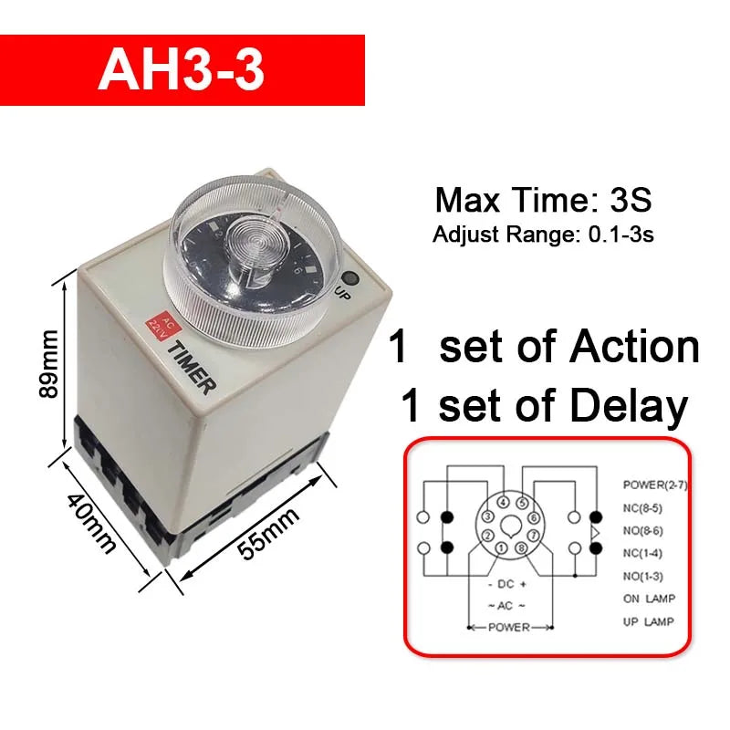 1 PC AH3-2 Time Relay AC/DC Universal Thick Stitch Power-on Delay Timer AH3-3 Time Set Range 0.1S-60m with Base DC12V24V AC220V