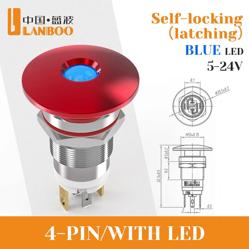 LB12E-M Mini Emergency Stop Button with LED Light Elevator Machine Tool Safety STOP Switch Self-locking / Momentary Selectable