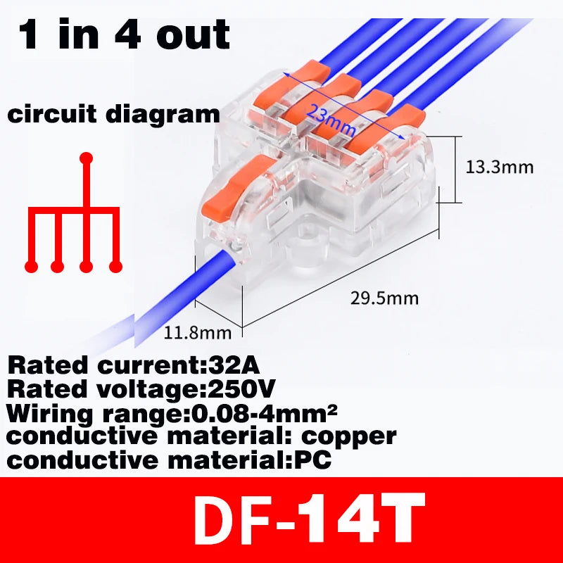 Fast Universal Compact Conductor Junction Box Spring Splice Terminal Block Push-in Wire Connector Cable Splitter 1 in 3/4 out