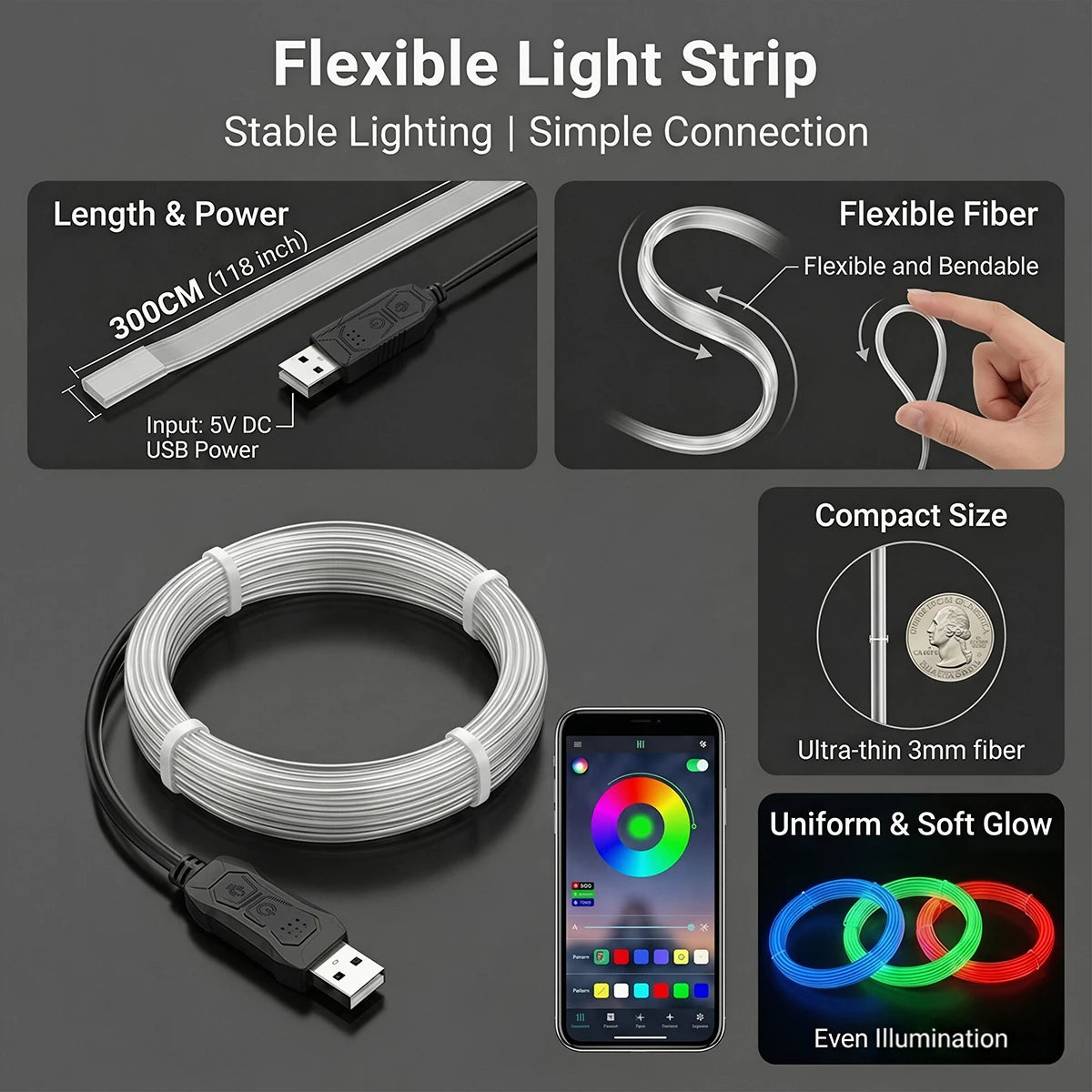 Car Interior Ambient LED Strip Lights RGB Fiber Optic Atmosphere Ultra-thin Heat-resistan Neon Lighting APP Control Decor Lamps