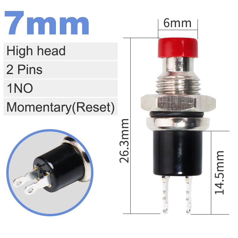 5mm 7mm 10mm Mini Push Button Switch Latching Self Reset Red High Head Small Buttons Switches 2 pins 1NO 1NC 3A/125V 1A/250V