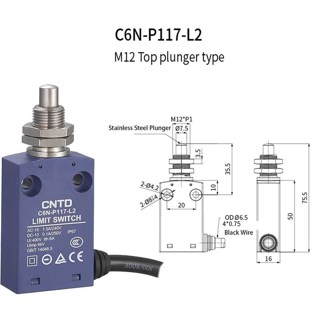 CNTD Micro Limit Switch C6N Series C6N‑101 C6N‑102 C6N‑111 C6N‑121 1NO1NC 10A 250V IP67 Waterproof For Automated Machinery