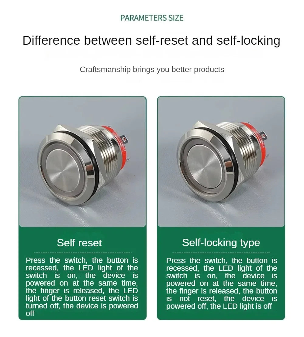 16/19/22mm 20A High Current Metal Push Button Switch IP67 Waterproof LED Light Momentary Latching Car Engine Power Switch Red