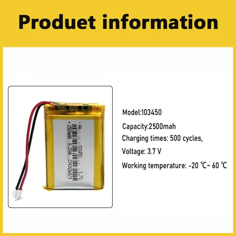 103450 3.7V 2500mAh Polymer Lithium Rechargeable Battery JST PH 2.0mm 2Pin Plug for Camera GPS Navigator MP5 Bluetooth Headset