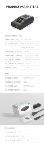 ToolkitRC C4 Charger 50W 5A AC XT60 Plug Charger for RC FPV Racing Freestyle Drone LIPO LIHV LIFE 2~4S NIMH NICD 5~8S Batteries
