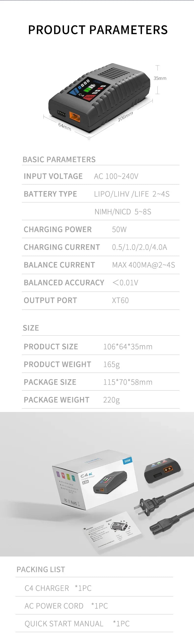ToolkitRC C4 Charger 50W 5A AC XT60 Plug Charger for RC FPV Racing Freestyle Drone LIPO LIHV LIFE 2~4S NIMH NICD 5~8S Batteries