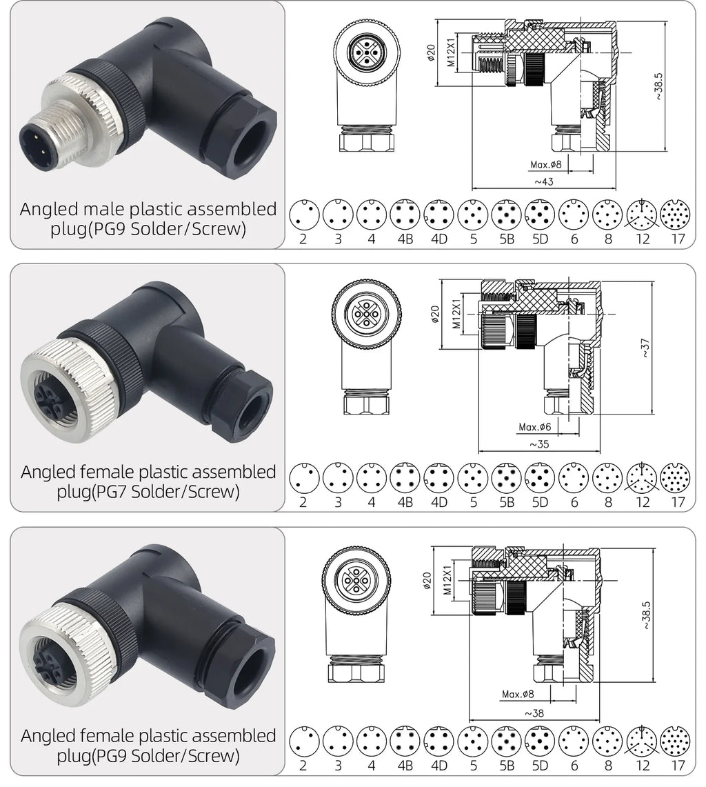 M12 Screw Termination Plastic Field Plug NMEA2000 5 Pin Straight Angled IP67 Waterproof 3 4 6 8 Poles Sensor Connectors PG7 PG9