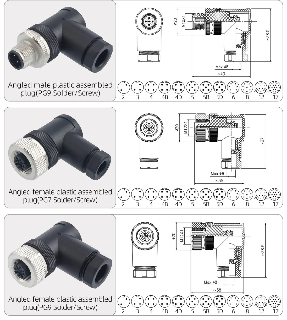 M12 Screw Termination Plastic Field Plug NMEA2000 5 Pin Straight Angled IP67 Waterproof 3 4 6 8 Poles Sensor Connectors PG7 PG9