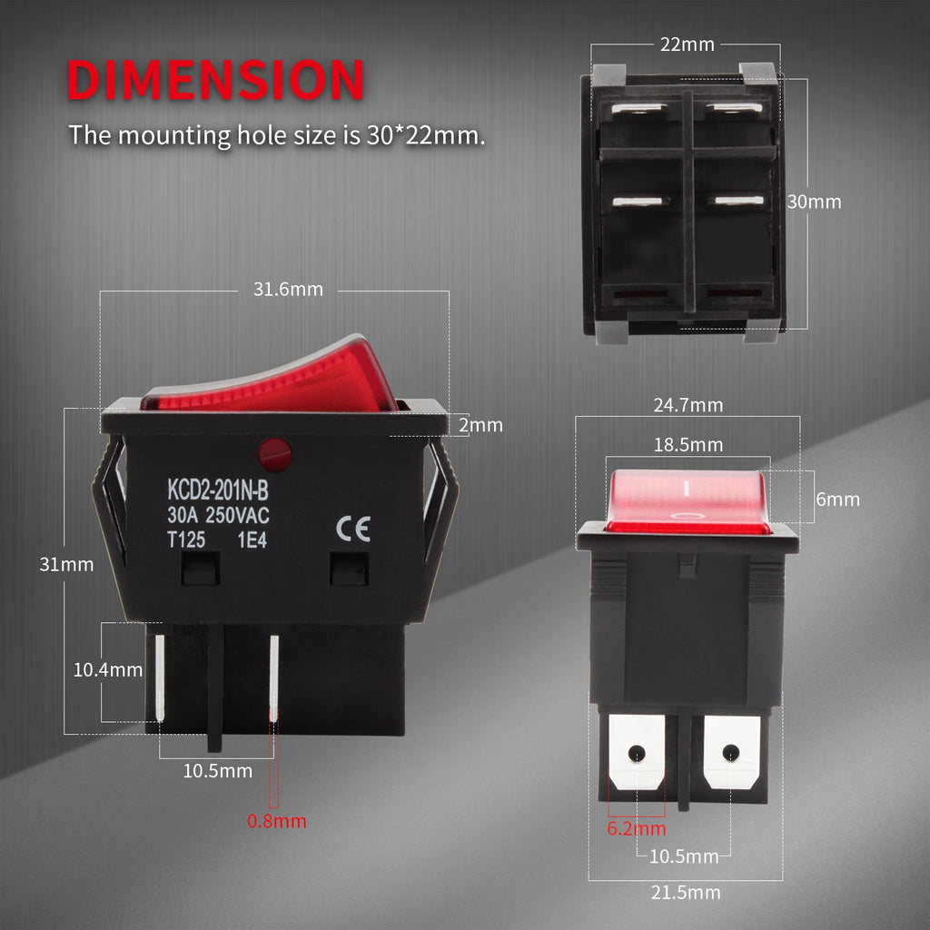 5PCS 30A 250V KCD2 KCD4 Rocker Switch DPST 4 Pin Red Lighted 120V Rocker Toggle Switch ON Off Heavy Duty T125