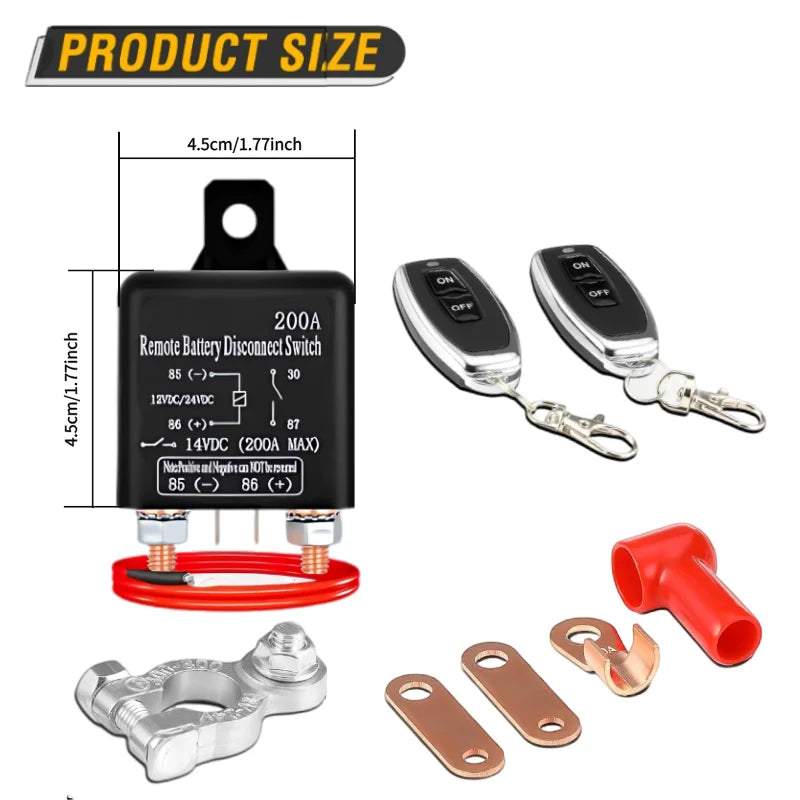 200A  Battery Switch Relay 12V Remote Car Control Battery Disconnect Cut Off Isolator Anti-Theft Dual Remote Control Contactor