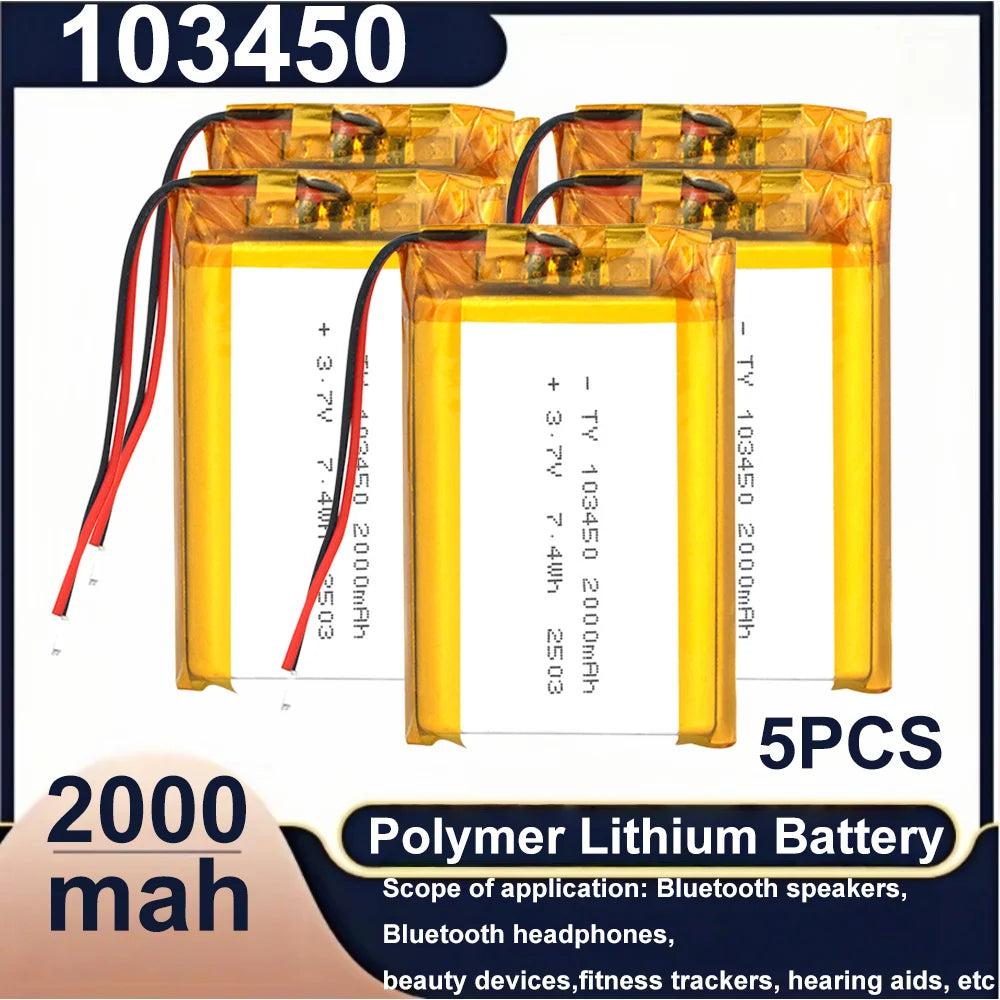 103450 3.7V 2000mAh Polymer Lithium Rechargeable Battery JST PH 2.0mm 2Pin Plug for Camera GPS Navigator MP5 Bluetooth Headset