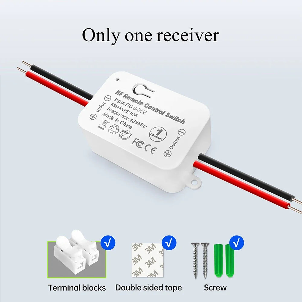 433Mhz Wireless Remote Control Switch DC 6V 12V 24V 30V 36V 10A Mini RF Relay Receiver,50m Transmitter for Pumps Light LED Fan