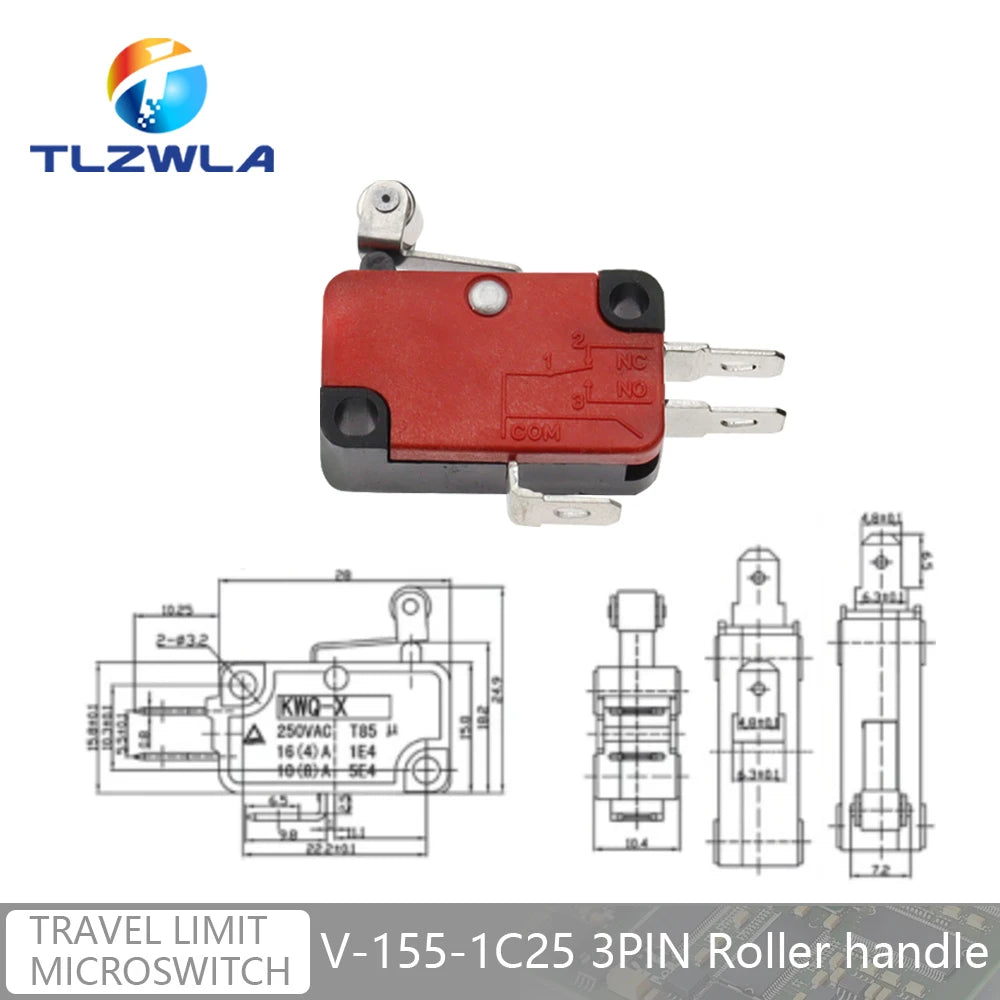 16A 250VAC SPDT Momentary Travel Limit Micro Switch 1NO1NC 3/6Pin Lever Roller V-15 V-151 V-152 V-153 V-154 V-155 Microswitch