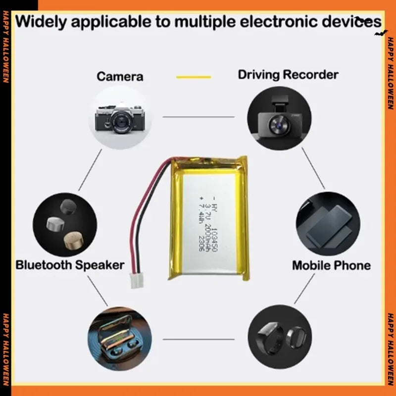 2.0-4.0AH 103450 Polymer Lithium Rechargeable Battery JST PH 2.0mm 2pin Plug for Camera GPS Navigator MP5 Bluetooth Headset