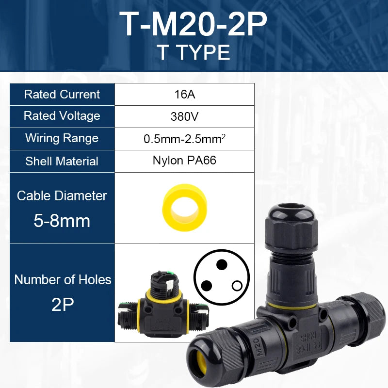 IP68 M20T Quick Outdoor Waterproof T Shape Connector 2/3 Pin Screw Electric Wire Terminal Adapter Home For LED Lighting 16A/380V