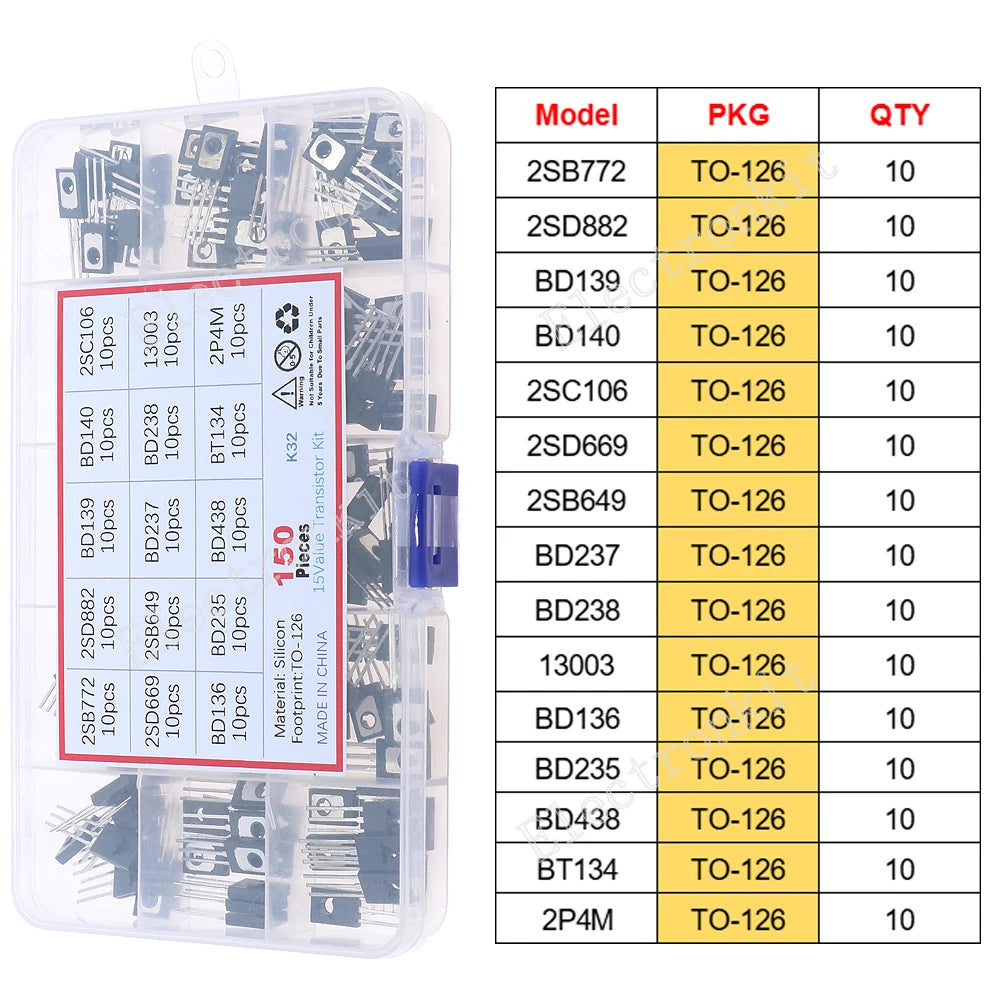 SOP-23 SOP-223 TO-252 TO-92 TO-92L TO-126 TO-220 Mosfet Triode Thyristor Voltage Regulator PNP/NPN Transistor Assortment Kit