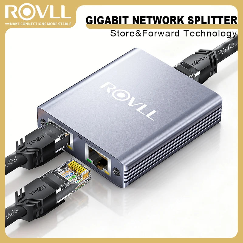 ROVLL Gigabit 1000Mbps RJ45 Ethernet Network Splitter 1 to 4 LAN Adapter Connector for PC Laptop TV Router Network Cable