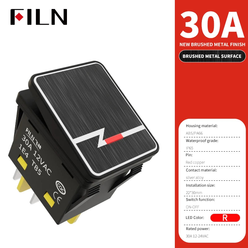 FILN 30A/220V Heavy Duty 4 Pin DPST IP67 Sealed Waterproof T85 Auto Boat Marine Toggle Rocker Switch with LED 12V 220V 30x22