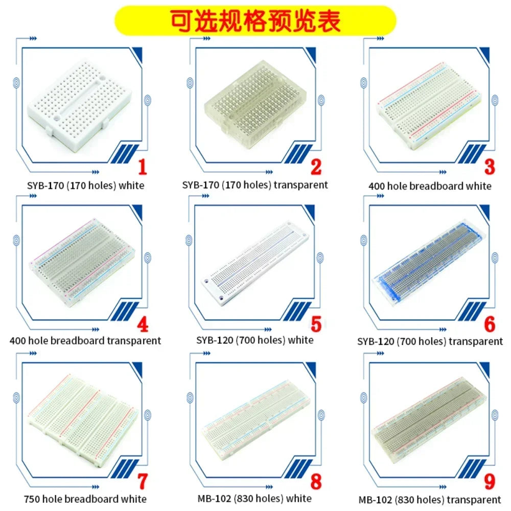Breadboard 400 700 750 830 Holes MB-102 Solderless PCB Mini Test Board ZY-204 1600pts Prototype Board Jumper Wire Cable DIY Kit