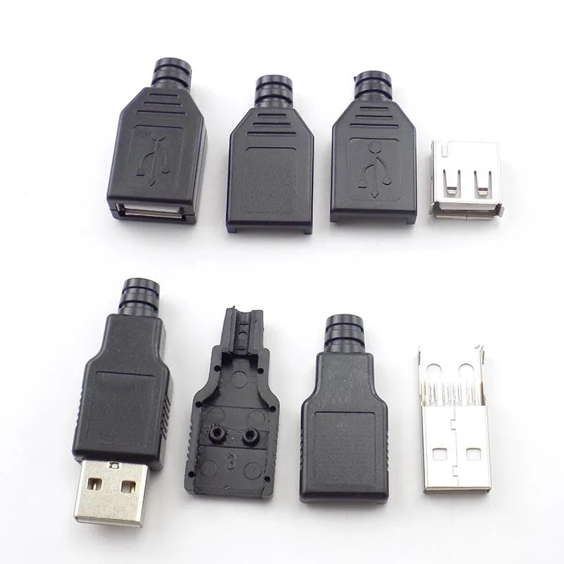 10 Sets DIY USB 2.0 Type-A Male Connector - 4-Pin Solder-Type Black Plastic Shell Adapter for Data Connection