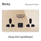 146 13a Reset Toggle Tempered Glass 2Gang UK Socket Switch Combination Panel Power Socket Office Hotel Home Villa Decoration