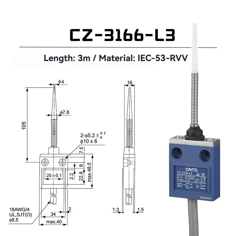 CNTD Micro Travel Limit Switch CZ‑3 Series CZ‑3101 CZ‑3104 CZ‑3108 CZ‑3112 IP67 Waterproof 5A 250V Position Control Switch