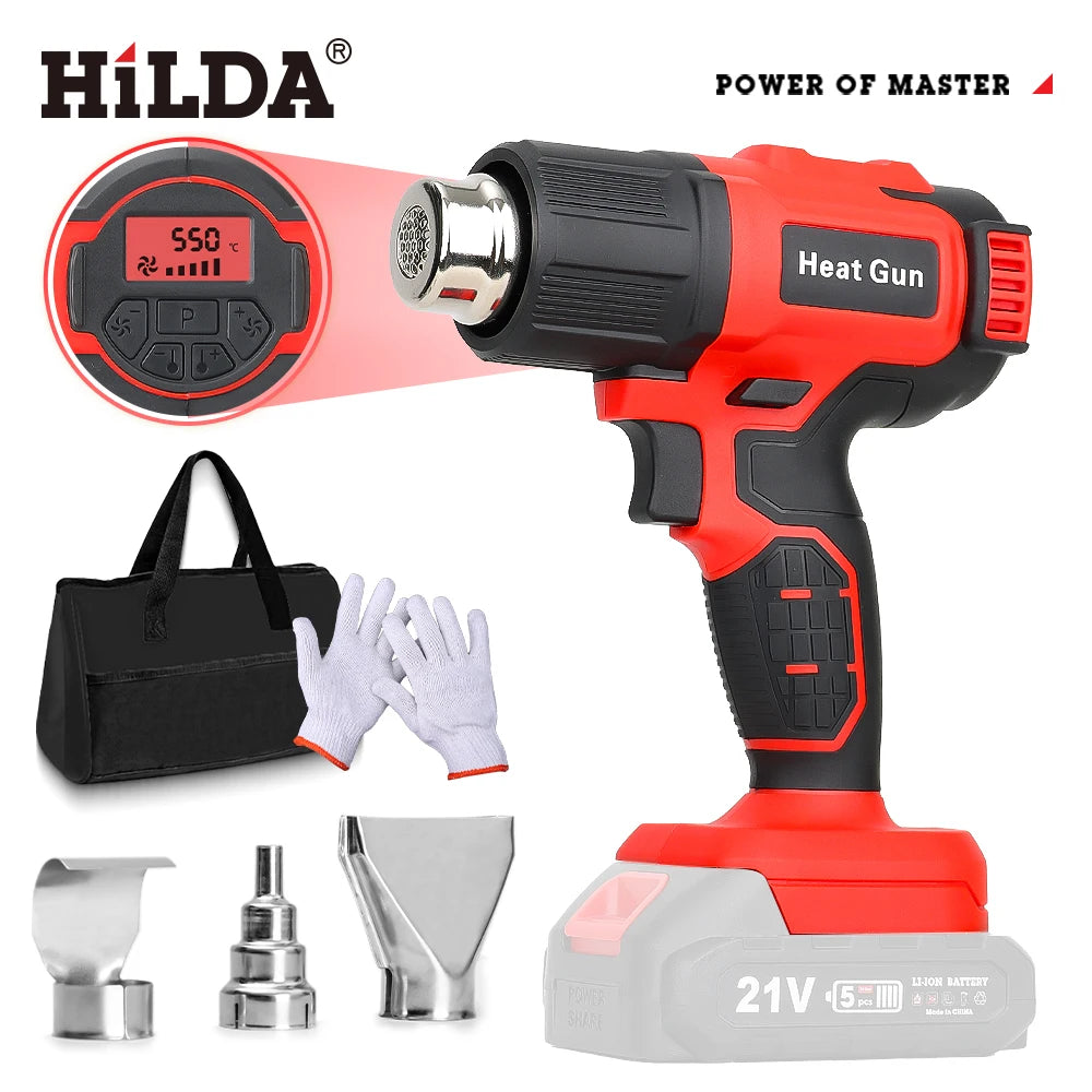HILDA 21V Cordless Hot Air Gun Adjustable Temperature Rechargeable Handheld Heat Gun with Nozzles Compatible for Makita Battery