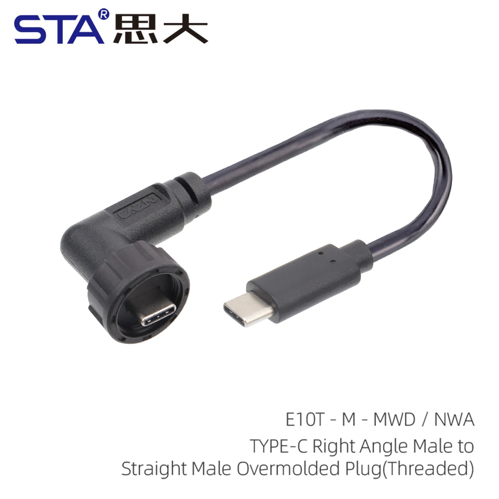 Type-C 3.0 IP67 Waterproof Connector Straight/Angled Male to Male/USB Adapter Molded Cable 0.5/1/2M Fast Charging 10Gbps PD 60W