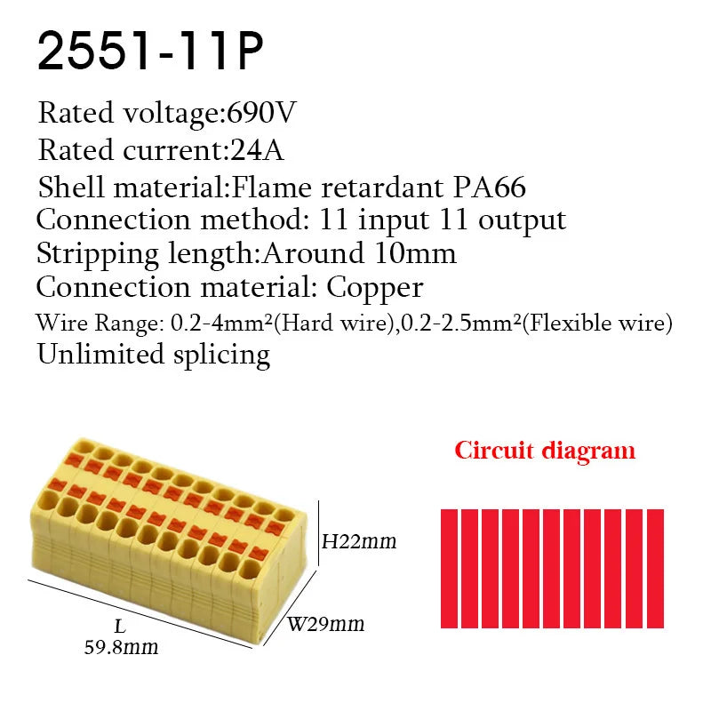 Electrical Cable Wire Connectors Push-in Terminal Block Universal Compact Wiring Multiple In Out Spliceable Mount On Din Rail