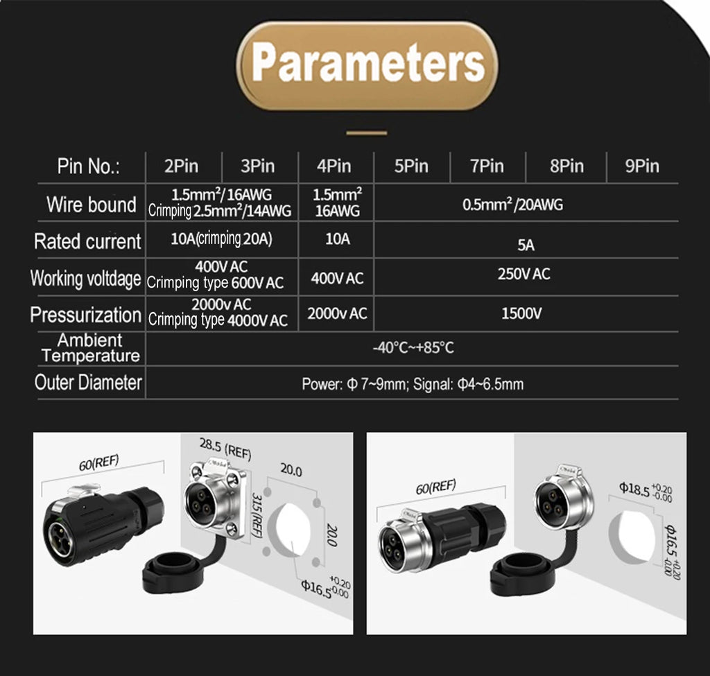 EW-LP16 IP68 Waterproof 20A 600V AC 2Pin 3Pin Crimping Quick Connection Power Aviation Connector Male Plug Female Socket Panel