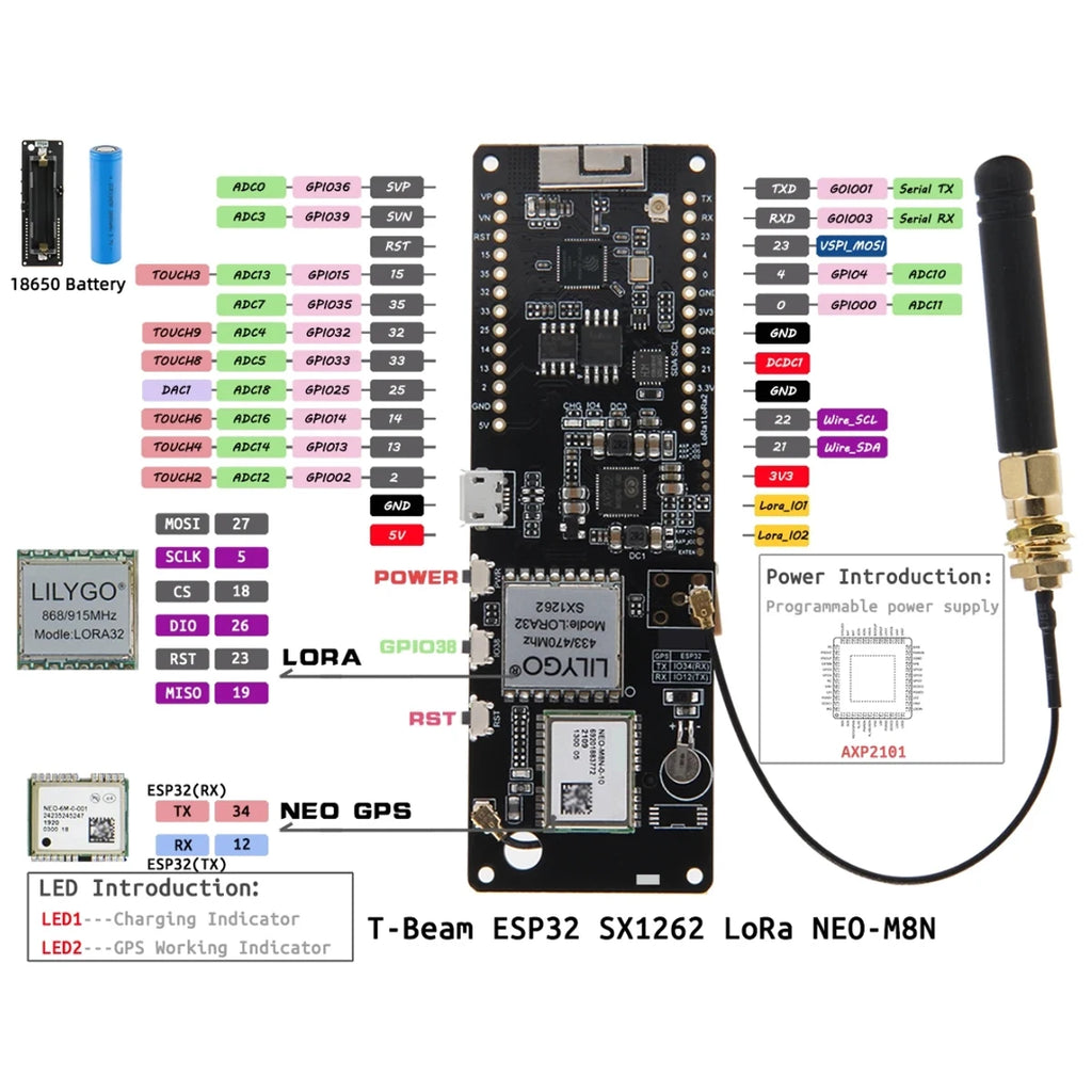 LILYGO T-Beam Meshtastic 433MHz 868MHz 915Mhz V1.2 ESP32 LoRa GPS WiFi Bluetooth Module LoRaWAN Development Board OLED Display