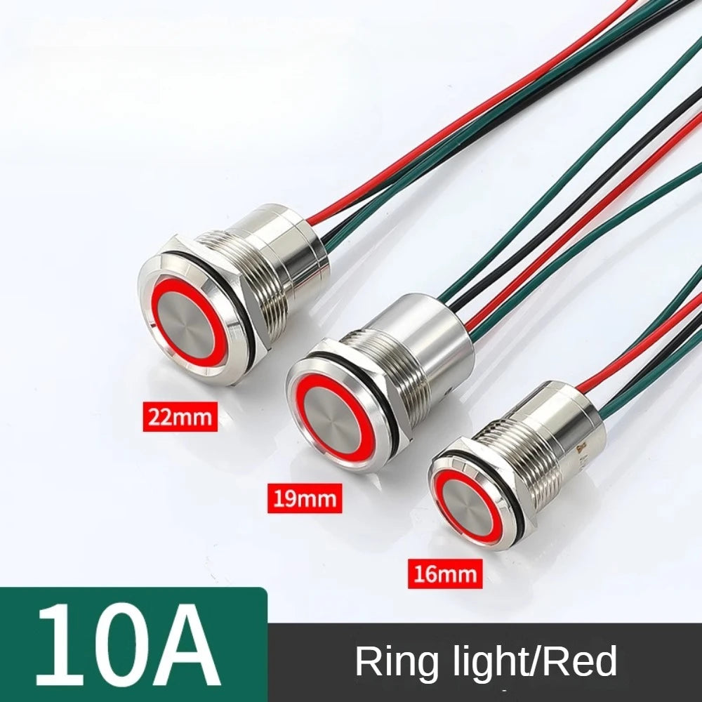 16/19/22mm IP67 Waterproof Metal Push Button Switch 10A High Current LED Light Momentary Latching Outdoor Power Switch Red Green