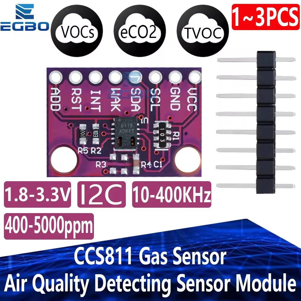 1~3PCS Gas Sensor Carbon Dioxide Detection Sensor Module CCS811 CO2 eCO2 TVOC Air Quality Detecting I2C Output CJMCU-811 EGBO