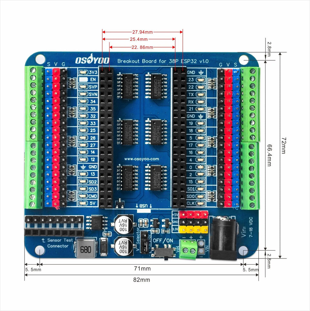 OSOYOO Breakout Board for 30-Pin or 38-Pin ESP32-WROOM/WROVER & ESP8266 NodeMCU, Not for ESP32-C/S/H/P Series
