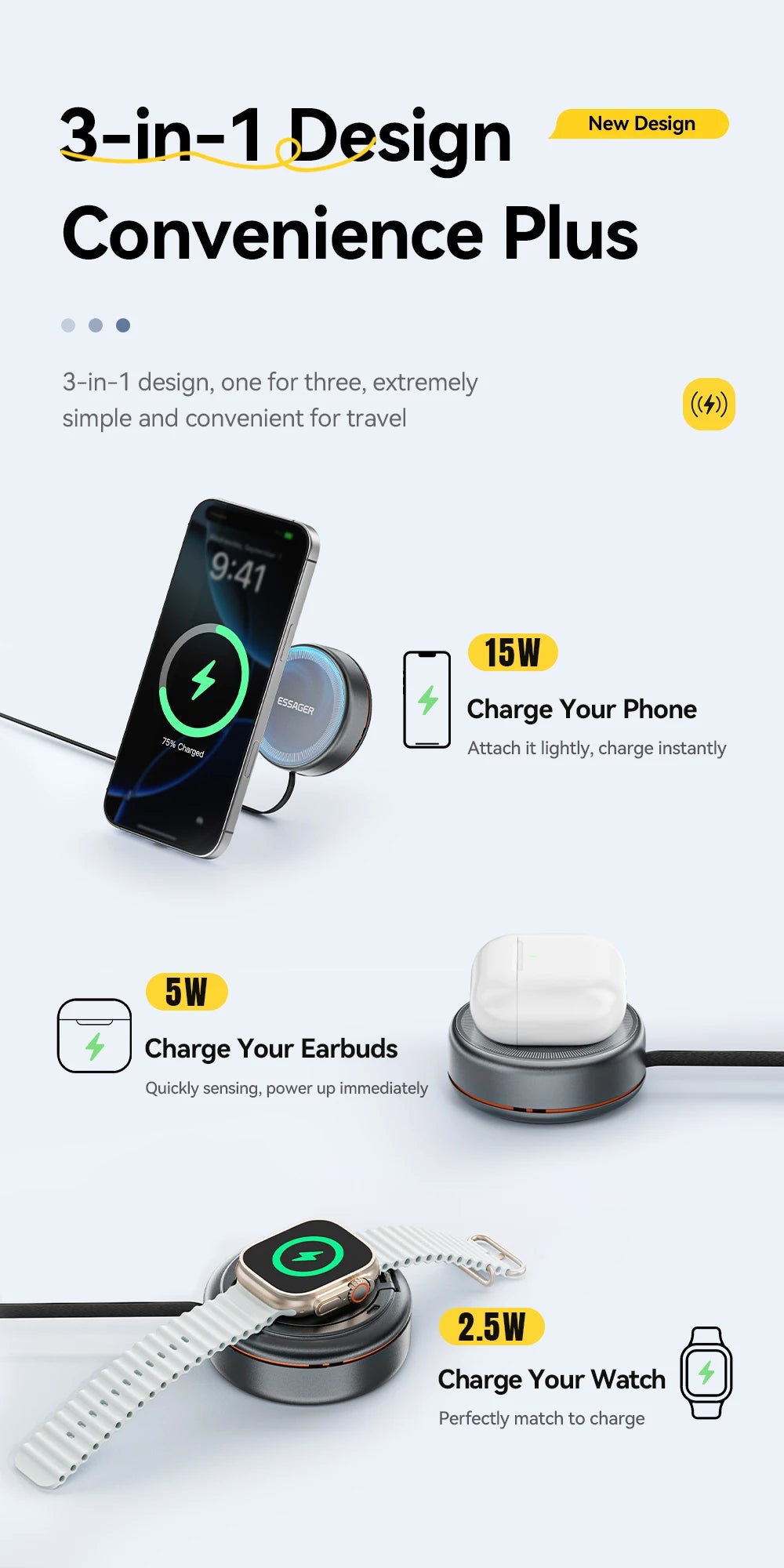 Essager 15W 3 in 1 Magnetic Wireless Charger With 96cm Retractable Type-C Cable For iPhone 16 15 14 13 Pro Max Airpods Watches