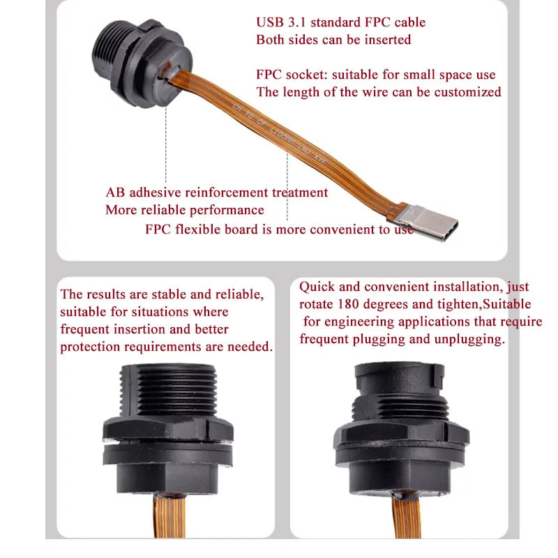 Threaded Type-C Waterproof Connector Cable IP67 Type-C Male Data Plug Wire F Outdoor Use USB 3.1 Solder Board Dual Female Socket