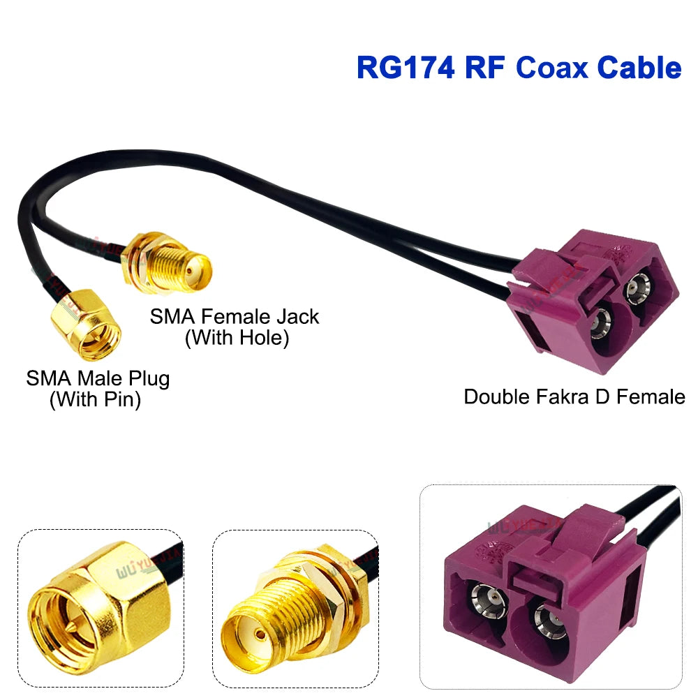 RG-174 Double Fakra D Female to SMA Male Pin + RP-SMA Female Hole 50 Ohm RF Connector Coaxial Cable WIFI Antenna Jumper Pigtail